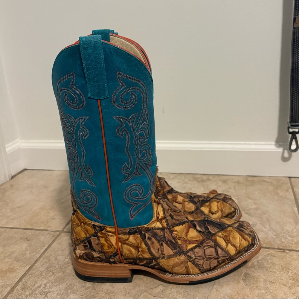 Horse Power Patchwork Exotic Leather Western Boots – Turquoise Shaft – 9.5